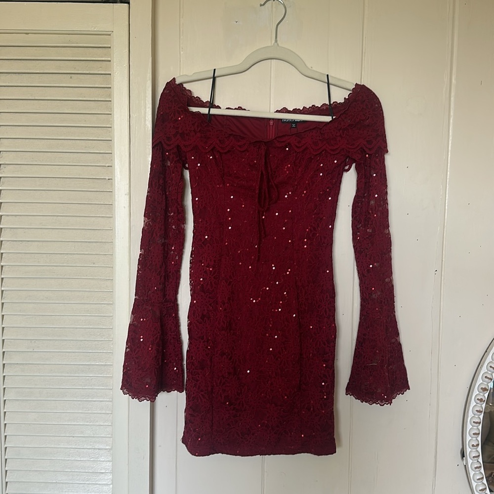 Burgundy Lace Off-Shoulder Sequin Mini Dress NWT
